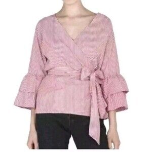 BeachLunchLounge Arianna Red & White Striped Faux Wrap Top Women's X-Small